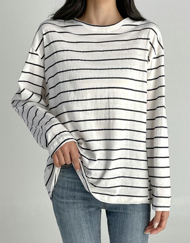 ボーダールーズTシャツ・t03052 レディース 【tops】トップス Tシャツ 長袖 ボーダー柄 ロンT シンプル カジュアル ラウンドネック ラフ 大人 ゆったり ルーズ ドロップショルダー フレンチ 春 夏 秋 韓国ファッション