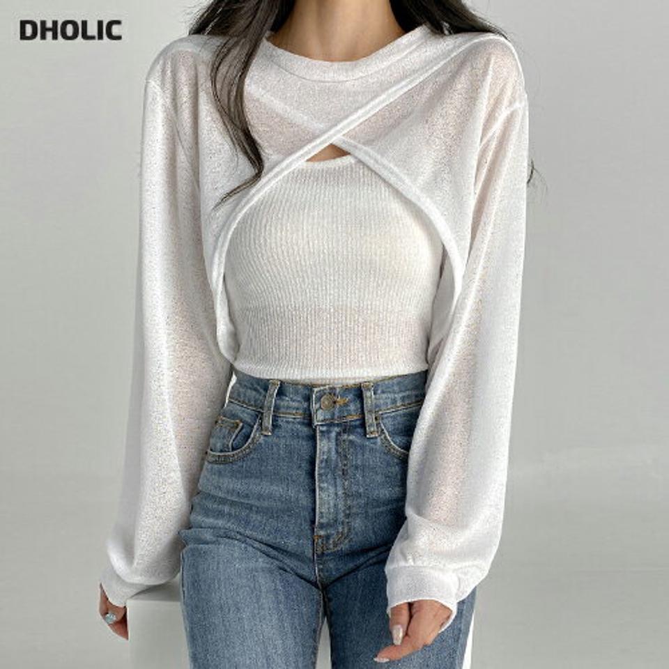 キャミ&スリットTシャツSET・t03059 レディース 【tops】セット トップス 長袖 Tシャツ キャミソール スリーブレス ノースリーブ レイヤード ユニーク 胸元 セクシー 単色 無地 シンプル カジュアル ラフ 春 夏 韓国ファッション