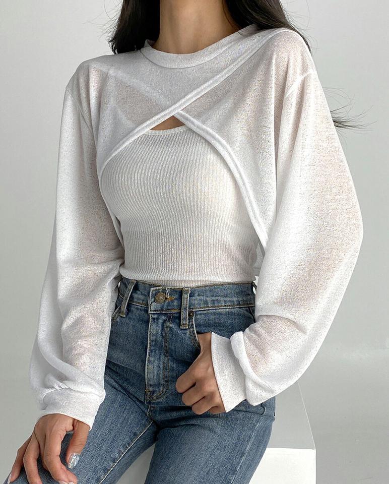 キャミ&スリットTシャツSET・t03059 レディース 【tops】セット トップス 長袖 Tシャツ キャミソール スリーブレス ノースリーブ レイヤード ユニーク 胸元 セクシー 単色 無地 シンプル カジュアル ラフ 春 夏 韓国ファッション