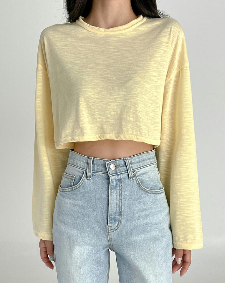 クロップドルーズTシャツ・t03024 レディース 【tops】トップス Tシャツ 長袖 ロンT 単色 無地 シンプル ベーシック カジュアル クロップド丈 短丈 ルーズ ゆったり ラウンドネック 黄色 青 ドロップショルダー コットン 綿 春 夏 秋 韓国ファッション
