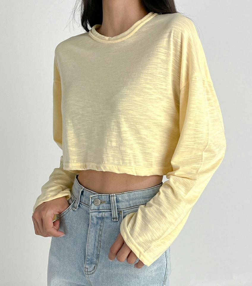 クロップドルーズTシャツ・t03024 レディース 【tops】トップス Tシャツ 長袖 ロンT 単色 無地 シンプル ベーシック カジュアル クロップド丈 短丈 ルーズ ゆったり ラウンドネック 黄色 青 ドロップショルダー コットン 綿 春 夏 秋 韓国ファッション