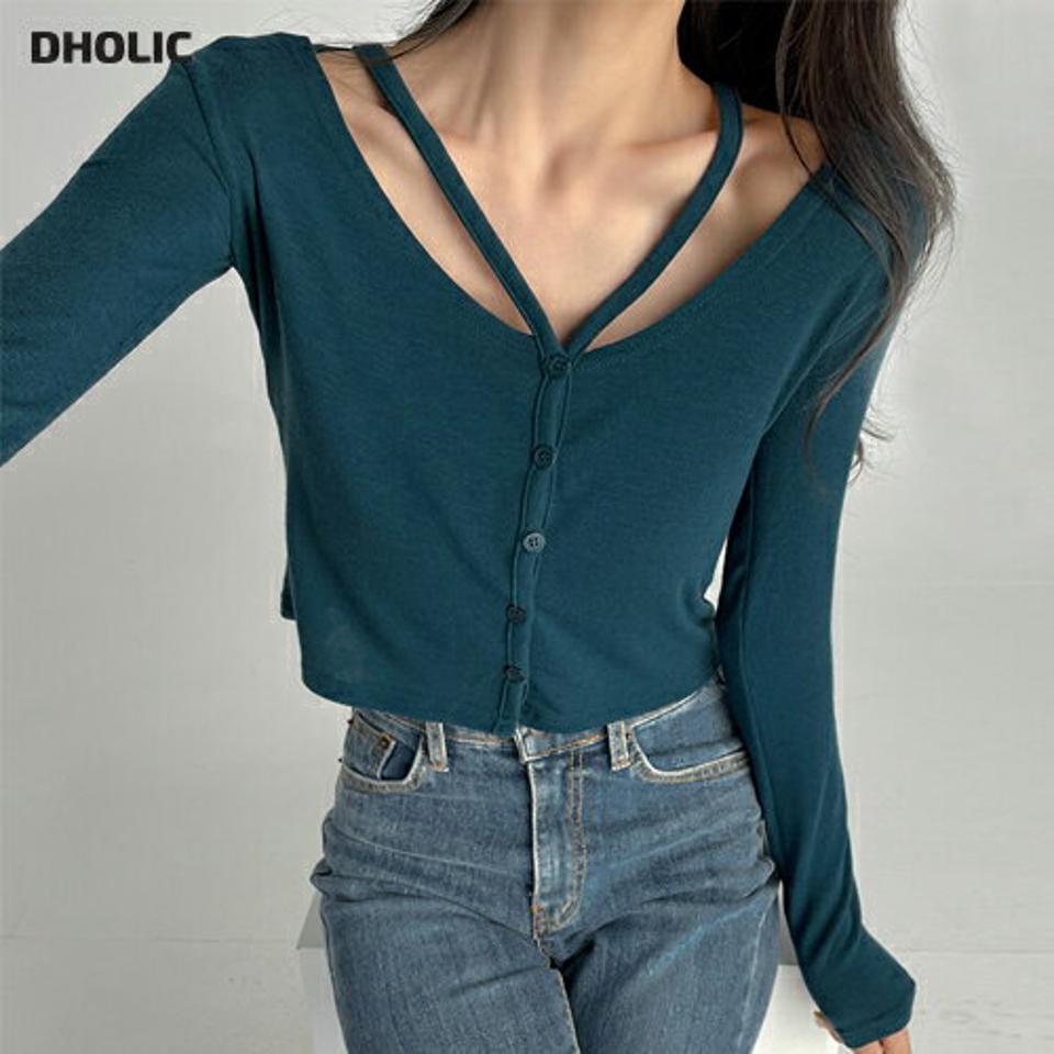 ネックストラップTシャツ・t03036 レディース 【tops】トップス Tシャツ 長袖 デコルテ ストラップ 単色 無地 シンプル ユニーク カジュアル ラフ 大人 スリム クロップド丈 春 秋 韓国ファッション