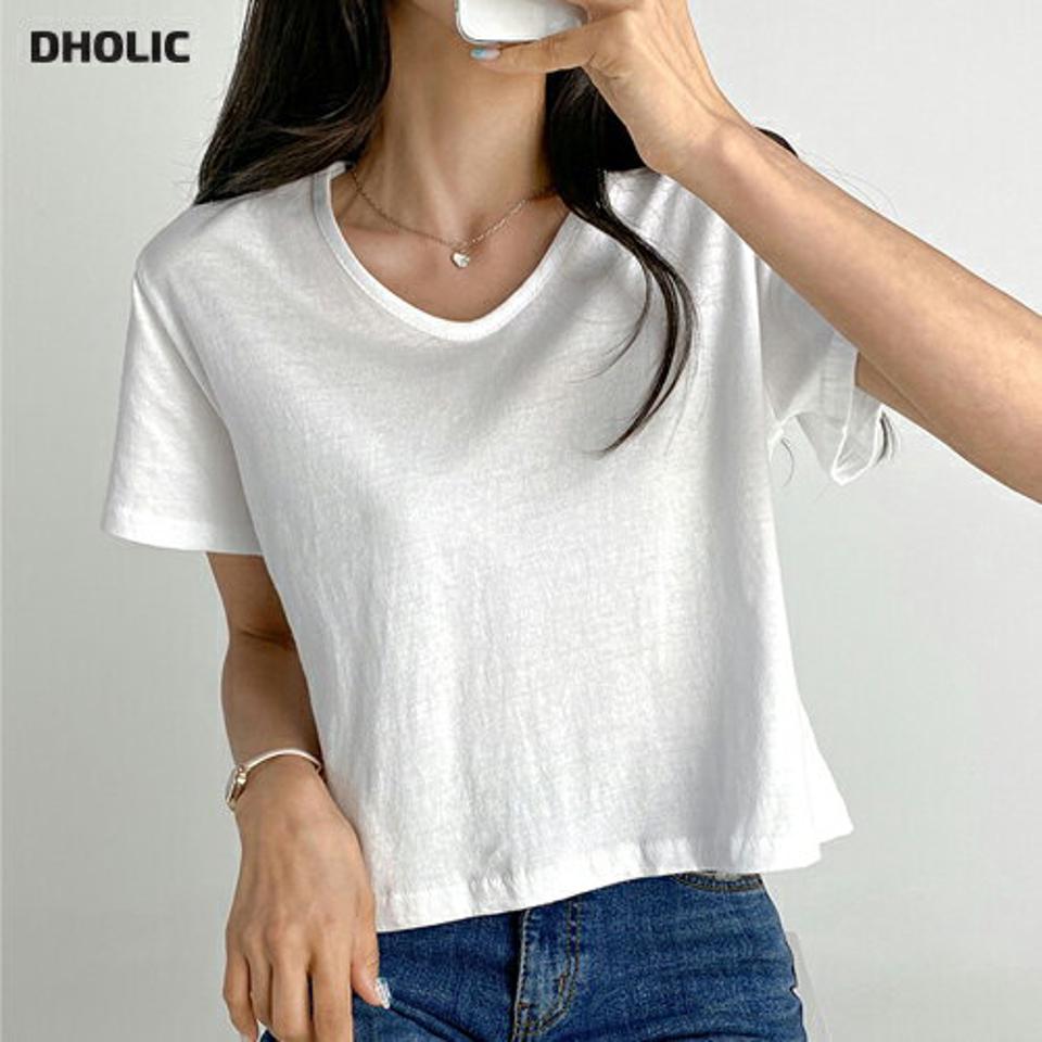 VネッククロップドTシャツ・t03021 レディース 【tops】トップス Tシャツ 半袖 ラウンドネック クロップド丈 単色 無地 無地T シンプル ベーシック Vネック 白T ホワイト カジュアル 大人 夏 韓国ファッション