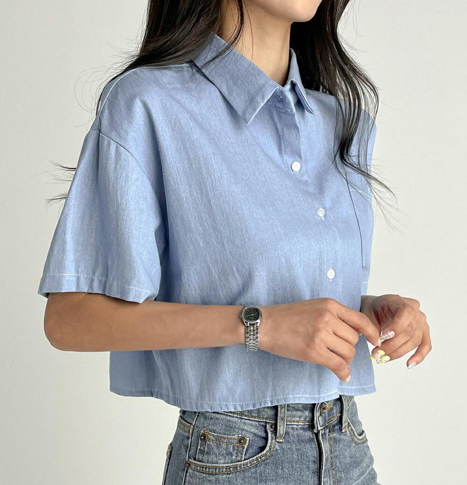 【10%OFF】クロップドデニムシャツ・t03047 レディース 【bl】トップス シャツ デニム 半袖 ハーフスリーブ 襟 クロップド丈 シンプル ポケット カジュアル ステッチ ドロップショルダー クロップド丈 夏 韓国ファッション セール SALE