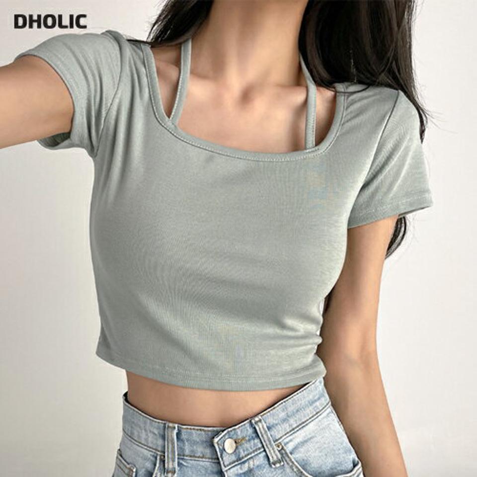 スクエアホルターネックTシャツ・t03022 レディース 【tops】トップス Tシャツ 半袖 デコルテ 鎖骨 ホルターネック スクエアネック 単色 無地 へそ出し 肌見せ カジュアル 韓スト ストリート クロップド丈 緑 夏 韓国ファッション