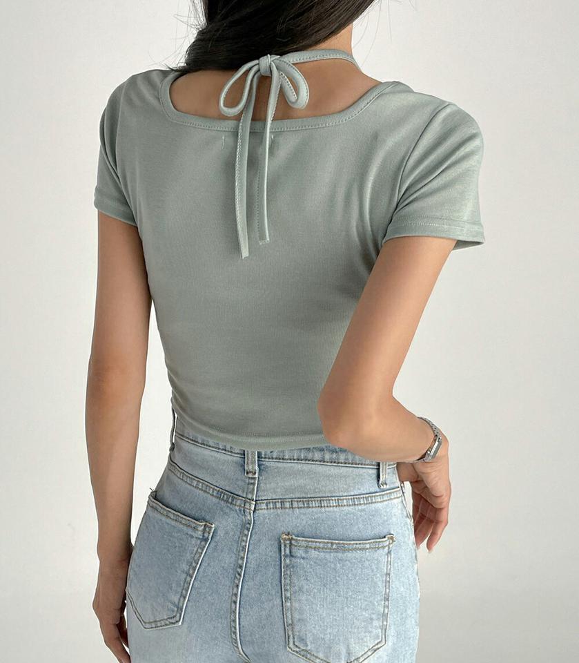 スクエアホルターネックTシャツ・t03022 レディース 【tops】トップス Tシャツ 半袖 デコルテ 鎖骨 ホルターネック スクエアネック 単色 無地 へそ出し 肌見せ カジュアル 韓スト ストリート クロップド丈 緑 夏 韓国ファッション