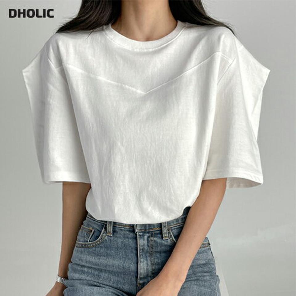 ハーフパフスリーブTシャツ・t03045 レディース 【tops】トップス Tシャツ 半袖 ハーフスリーブ パフ袖 二の腕カバー ラウンドネック 単色 無地 かわいい カジュアル 白 ホワイト 夏 韓国ファッション