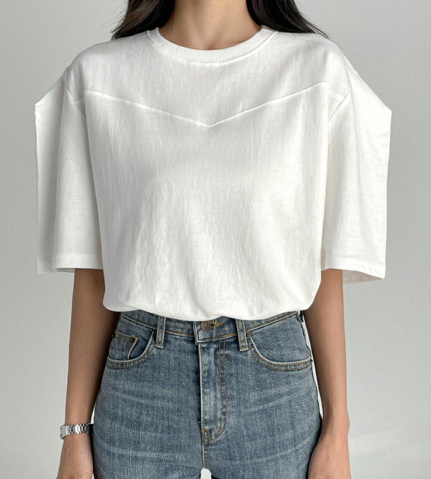 ハーフパフスリーブTシャツ・t03045 レディース 【tops】トップス Tシャツ 半袖 ハーフスリーブ パフ袖 二の腕カバー ラウンドネック 単色 無地 かわいい カジュアル 白 ホワイト 夏 韓国ファッション