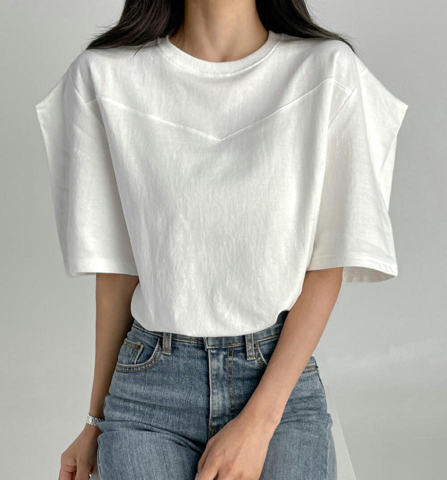 ハーフパフスリーブTシャツ・t03045 レディース 【tops】トップス Tシャツ 半袖 ハーフスリーブ パフ袖 二の腕カバー ラウンドネック 単色 無地 かわいい カジュアル 白 ホワイト 夏 韓国ファッション