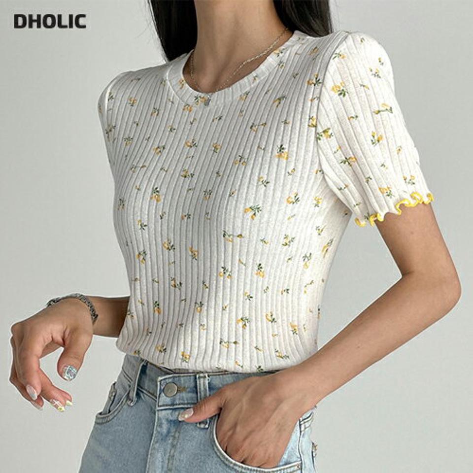 花柄リブメロウTシャツ・t03030 レディース 【tops】トップス Tシャツ 半袖 メロウ 花柄 リブ ガーリー かわいい 可愛い レトロ 小花柄 ラウンドネック リブ 黄色 イエロー 夏 韓国ファッション