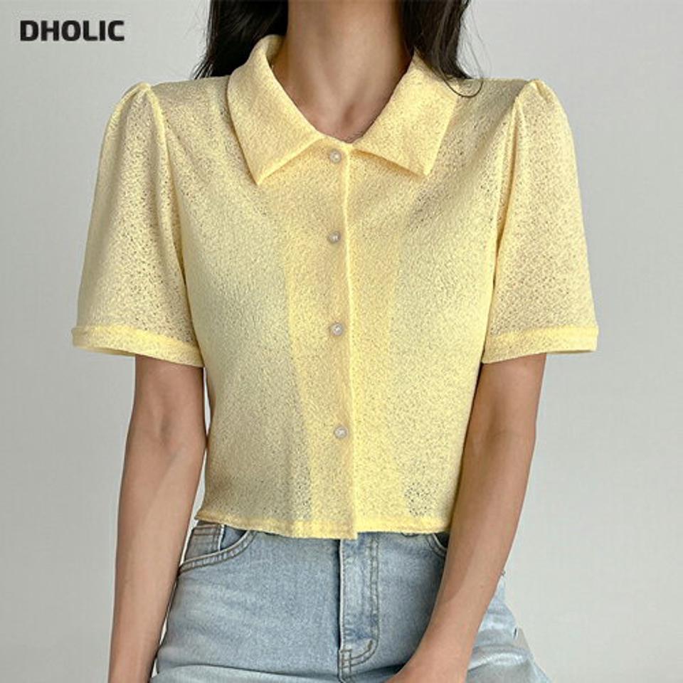 ブークレパフブラウス・t03048 レディース 【bl】トップス ブラウス 半袖 パフスリーブ ポロ襟 ブークレ 単色 無地 シンプル 黄色 イエロー パステル 夏 韓国ファッション