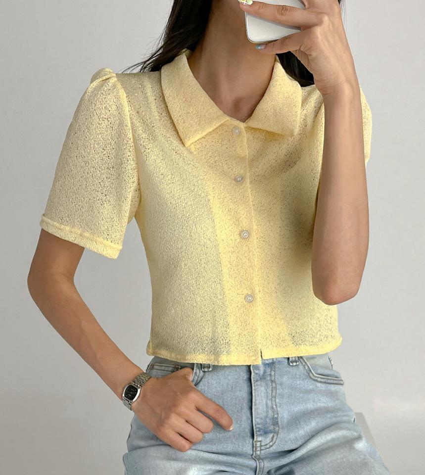 ブークレパフブラウス・t03048 レディース 【bl】トップス ブラウス 半袖 パフスリーブ ポロ襟 ブークレ 単色 無地 シンプル 黄色 イエロー パステル 夏 韓国ファッション