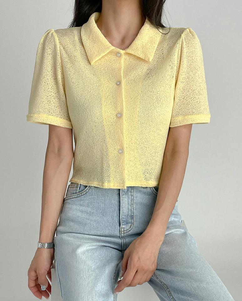 ブークレパフブラウス・t03048 レディース 【bl】トップス ブラウス 半袖 パフスリーブ ポロ襟 ブークレ 単色 無地 シンプル 黄色 イエロー パステル 夏 韓国ファッション