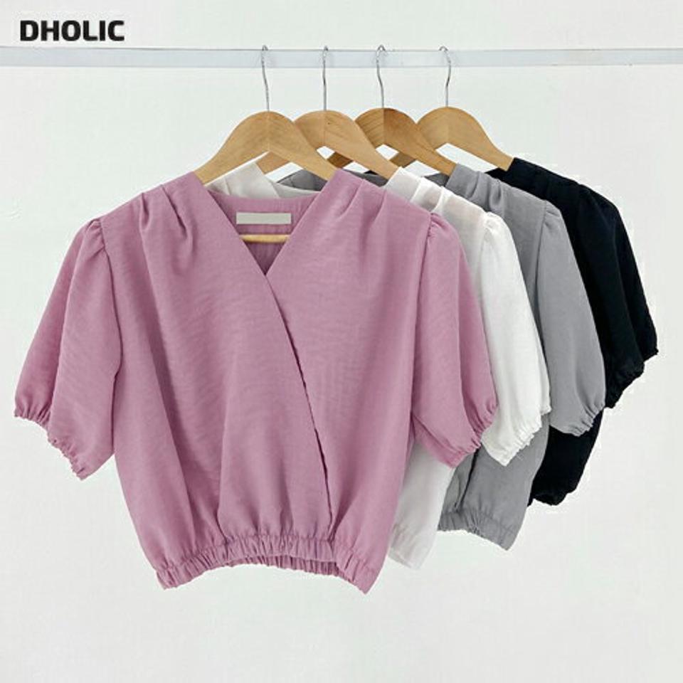 タックカシュクールブラウス・t03034 レディース 【bl】トップス ブラウス 半袖 カシュクール タック 単色 無地 シンプル 大人 かわいい 可愛い ピンク パフスリーブ ラップデザイン 夏 韓国ファッション