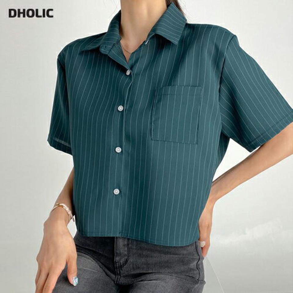 ストライプクロップドシャツ・t03050 レディース 【bl】トップス シャツ 半袖 ハーフスリーブ ストライプ柄 クロップド丈 襟 大人 シック きれいめ ポケット 夏 韓国ファッション