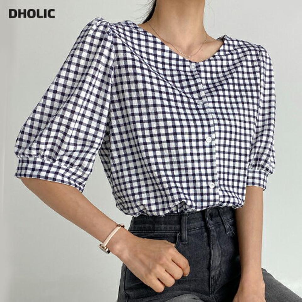 チェックパフブラウス・t03053 レディース 【bl】トップス ブラウス 半袖 ハーフスリーブ チェック柄 ギンガムチェック パフスリーブ 二の腕カバー ガーリー かわいい 可愛い ネイビー 春 夏 韓国ファッション