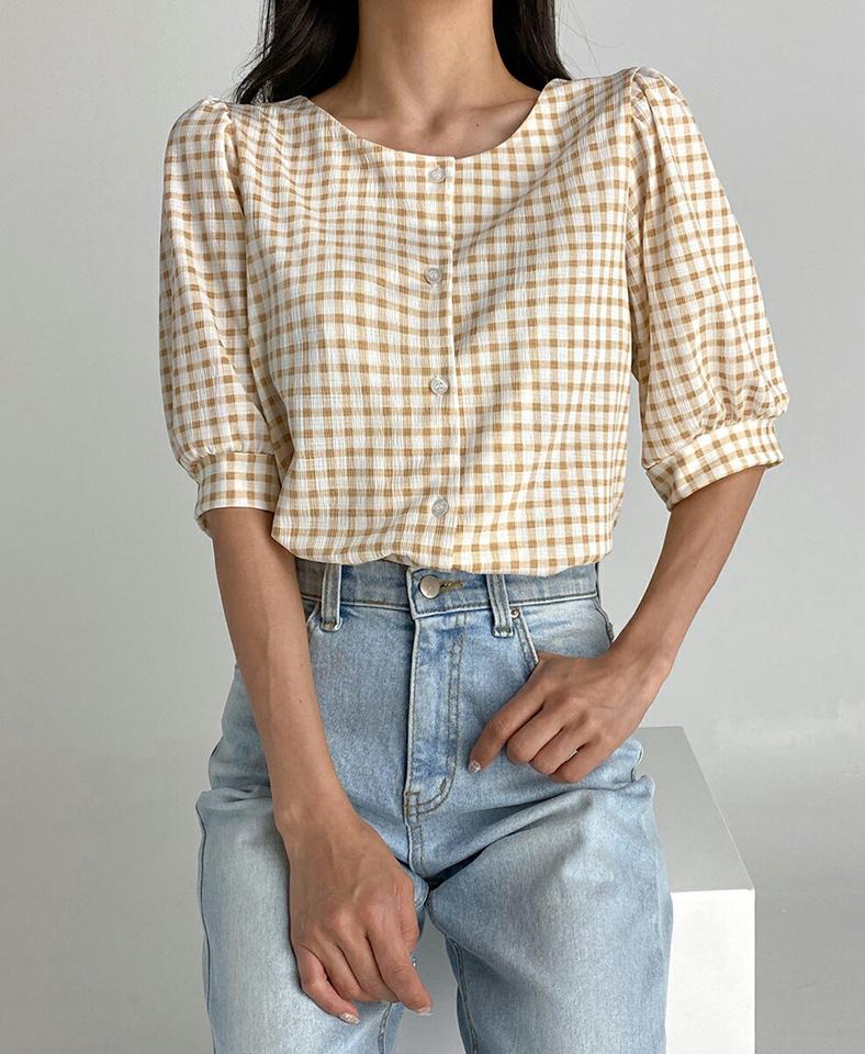 チェックパフブラウス・t03053 レディース 【bl】トップス ブラウス 半袖 ハーフスリーブ チェック柄 ギンガムチェック パフスリーブ 二の腕カバー ガーリー かわいい 可愛い ネイビー 春 夏 韓国ファッション