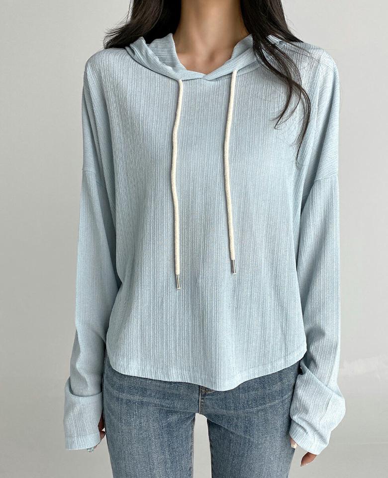 リンクルパーカー・t03040 レディース 【tops】トップス パーカー フード フーディー リンクル 長袖 ゆったり ラフ カジュアル ドロップショルダー ルーズ ゆったり ラウンドヘム 水色 パステル 春 秋 韓国ファッション