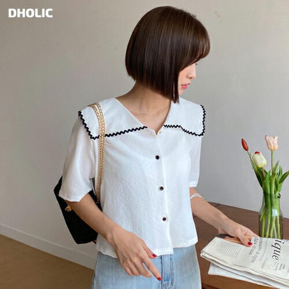 【10%OFF】ウェーブビッグカラーブラウス・t01050 レディース 【bl】トップス ブラウス 半袖 ハーフスリーブ 大きい襟 襟コン かわいい 可愛い ガーリー シンプル ウェーブ リンクル クロップド丈 夏 韓国ファッション セール SALE