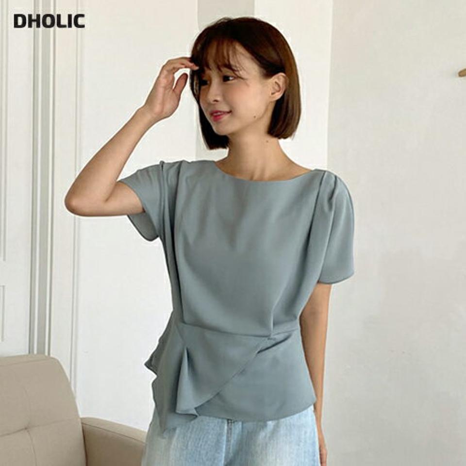 【10%OFF】アンバランスへムブラウス・t01036 レディース 【bl】トップス ブラウス 半袖 パフスリーブ ラウンドネック 単色 無地 シンプル くすみ 大人 オフィスカジュアル きれいめ ユニーク 夏 韓国ファッション セール SALE