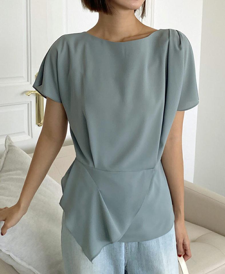 【10%OFF】アンバランスへムブラウス・t01036 レディース 【bl】トップス ブラウス 半袖 パフスリーブ ラウンドネック 単色 無地 シンプル くすみ 大人 オフィスカジュアル きれいめ ユニーク 夏 韓国ファッション セール SALE