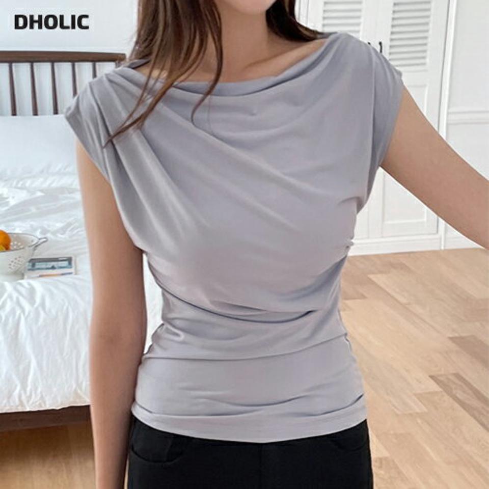 ドレープネックTシャツ・b01450 レディース 【tops】トップス Tシャツ ドレープ 襟コン フェミニン 単色 無地 大人 きれいめ 上品 デコルテ 鎖骨 タイト スリム フレンチスリーブ ショートスリーブ タック くすみ 水色 春 夏 韓国ファッション