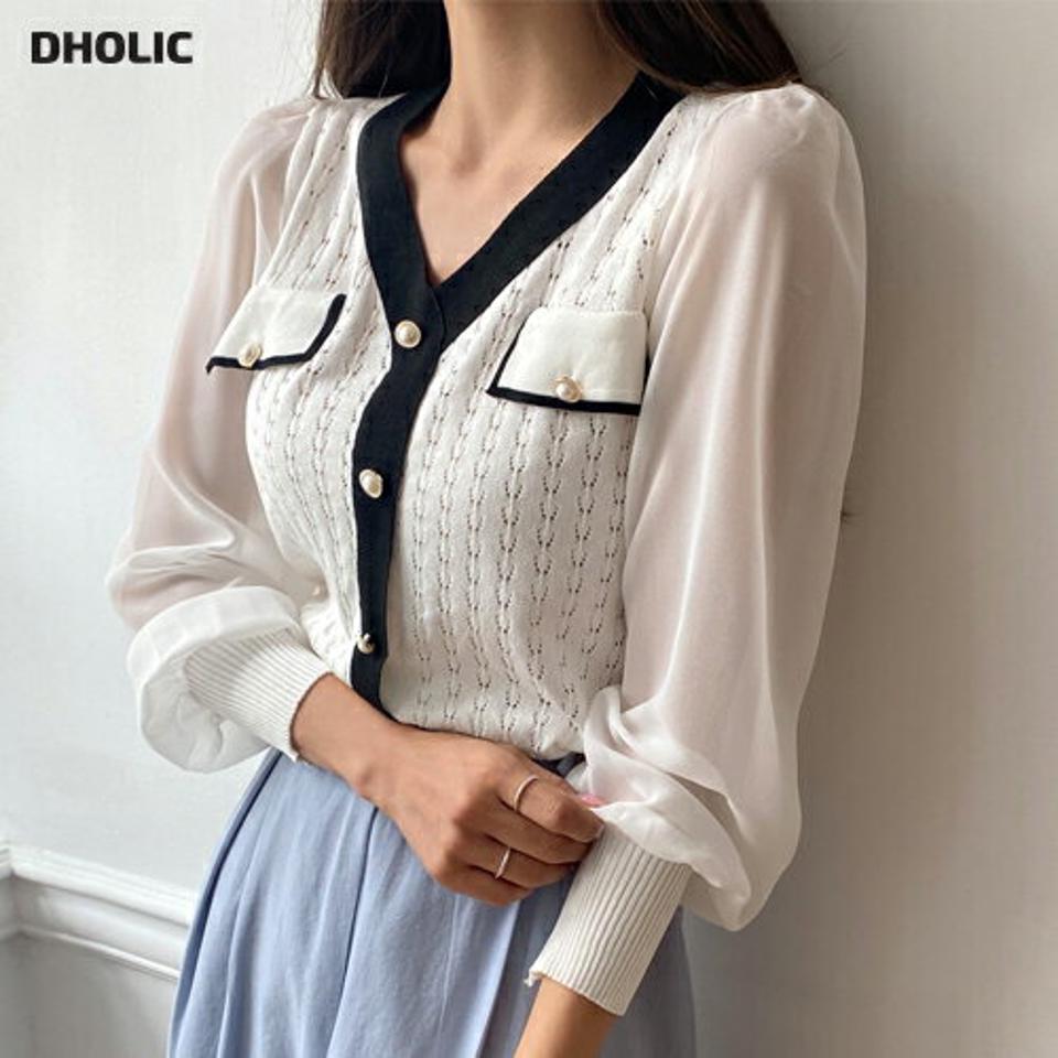 シアースリーブ配色パンチングニット・b01443 レディース 【tops】トップス ニット 年上 長袖 透け感 シアー シースルー パンチング パールボタン フェミニン 高級感 異素材 大人 パフスリーブ モノトーン 春 秋 韓国ファッション
