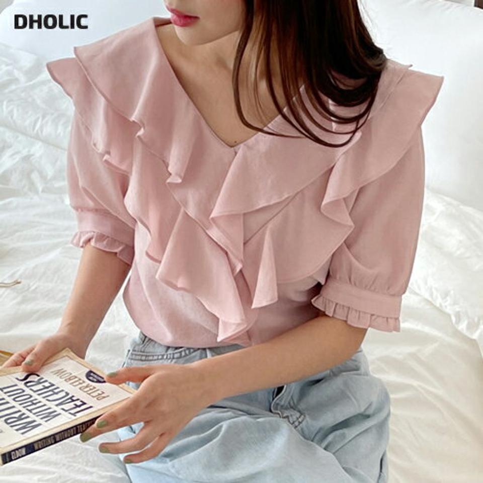【10%OFF】フリルVネックブラウス・b00595 レディース 【bl】トップス ブラウス 半袖 ハーフスリーブ Vネック フリル 襟コン フェミニン かわいい 可愛い ガーリー ピンク 量産型 ボリューム オフィスカジュアル 通勤 デート 夏 韓国ファッション セール SALE