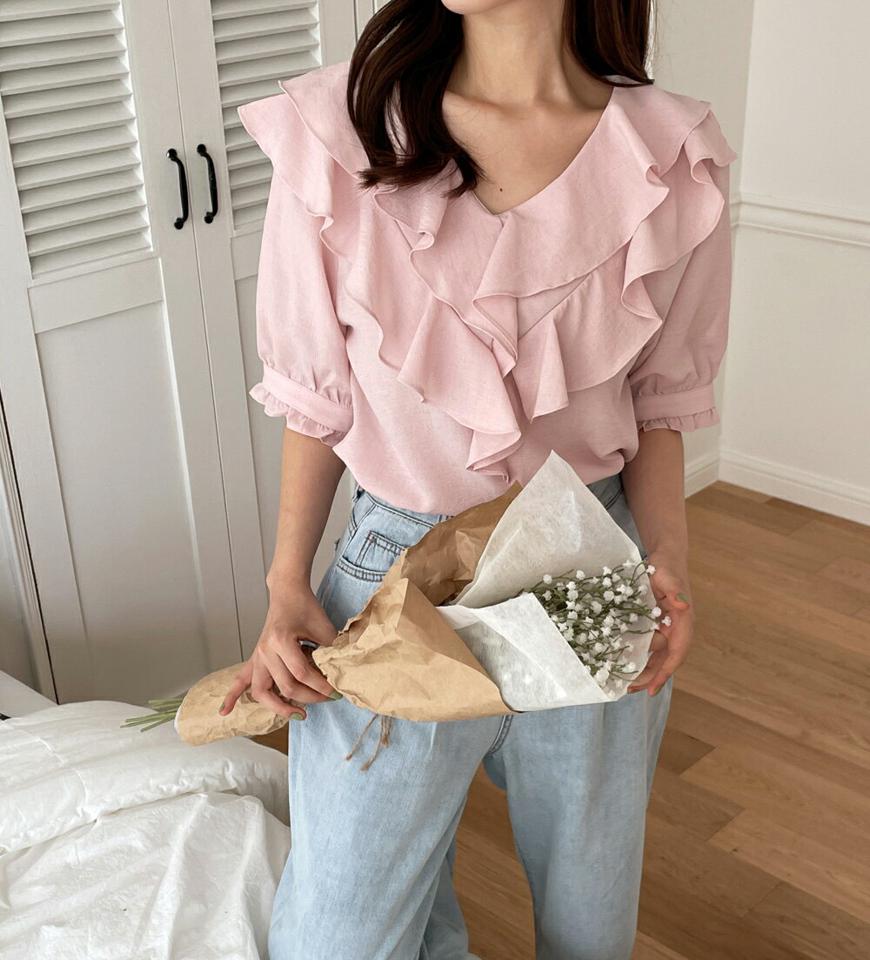 【10%OFF】フリルVネックブラウス・b00595 レディース 【bl】トップス ブラウス 半袖 ハーフスリーブ Vネック フリル 襟コン フェミニン かわいい 可愛い ガーリー ピンク 量産型 ボリューム オフィスカジュアル 通勤 デート 夏 韓国ファッション セール SALE