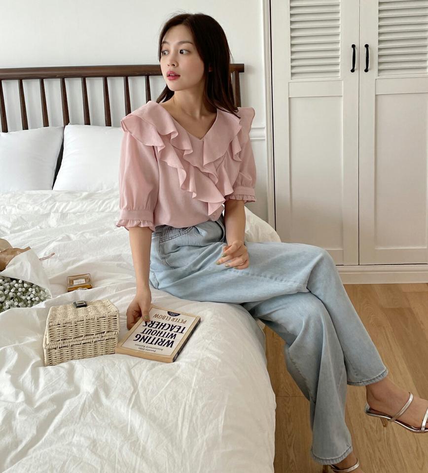 【10%OFF】フリルVネックブラウス・b00595 レディース 【bl】トップス ブラウス 半袖 ハーフスリーブ Vネック フリル 襟コン フェミニン かわいい 可愛い ガーリー ピンク 量産型 ボリューム オフィスカジュアル 通勤 デート 夏 韓国ファッション セール SALE