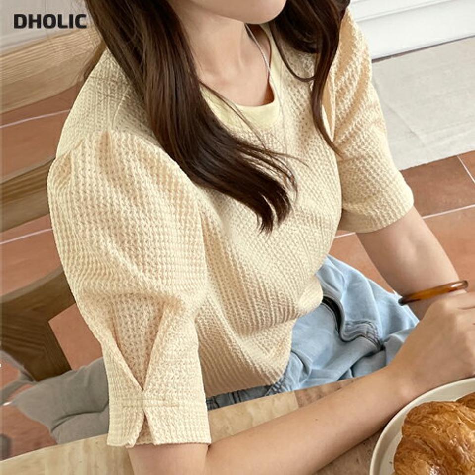 ワッフルパフスリーブTシャツ・b01448 レディース 【tops】トップス Tシャツ 半袖 パフスリーブ ワッフル ラウンドネック カジュアル 単色 無地 かわいい 二の腕カバー 黄色 夏 韓国ファッション
