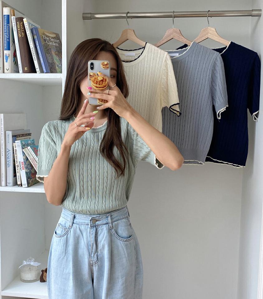 配色スカラップケーブルニット・t01444 レディース 【tops】トップス ニット 半袖 ケーブルニット 編み スカラップ 配色 シンプル カジュアル かわいい 可愛い 夏 韓国ファッション