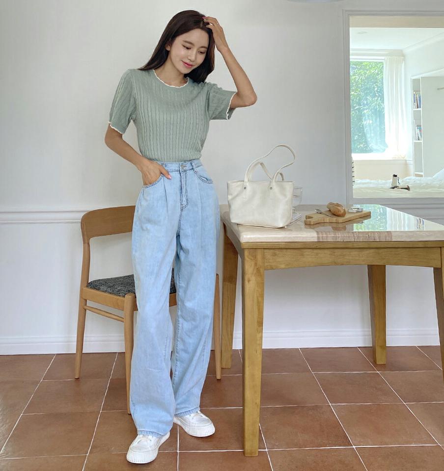 配色スカラップケーブルニット・t01444 レディース 【tops】トップス ニット 半袖 ケーブルニット 編み スカラップ 配色 シンプル カジュアル かわいい 可愛い 夏 韓国ファッション