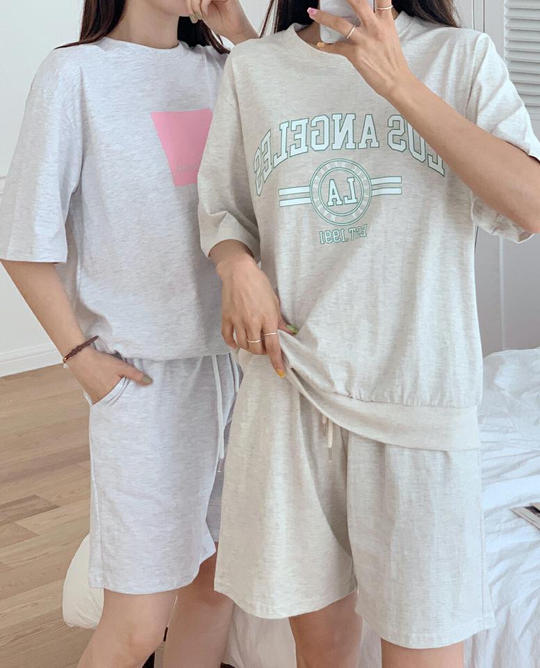 2TYPEレタリングスウェット&ハーフパンツSET・b01435 レディース 【pt】セットアップ setup トップス 半袖 ハーフスリーブ スウェット トレーナー ロゴ ハーフパンツ 半ズボン ショートパンツ 短パン ラフ ワンマイルウェア 夏 韓国ファッション