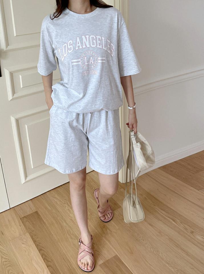 2TYPEレタリングスウェット&ハーフパンツSET・b01435 レディース 【pt】セットアップ setup トップス 半袖 ハーフスリーブ スウェット トレーナー ロゴ ハーフパンツ 半ズボン ショートパンツ 短パン ラフ ワンマイルウェア 夏 韓国ファッション