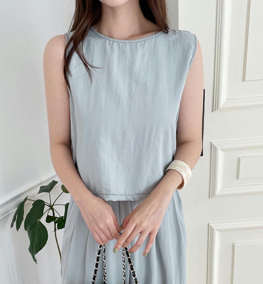 2WAYステッチノースリーブ&スラックスSET・t01432 レディース 【pt】セットアップ setup トップス スリーブレス ノースリーブ タンクトップ パンツ ズボン ロング スラックス ステッチ ワイド 前後着用自由 シンプル カジュアル 夏 韓国ファッション