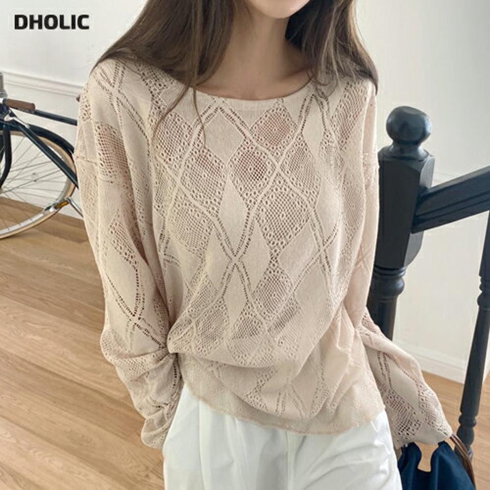 ダイヤパンチングラウンドニット・t01442 レディース 【tops】トップス ニット 年上 長袖 ラウンドネック パンチング メッシュ ダイヤ柄 レイヤード 大人 カジュアル 透け感 シースルー ドロップショルダー ベージュ 春 夏 秋 韓国ファッション