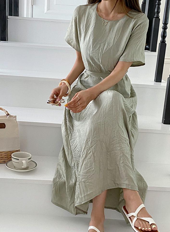 【10%OFF】サテンリンクルリボンワンピース・t01438 レディース 【ops】ワンピース ロング丈 半袖 リンクル サテン くすみ フェミニン 大人 きれいめ ウエストマーク ストレート りぼん ラウンドネック 黄緑 夏 人気 韓国ファッション セール SALE