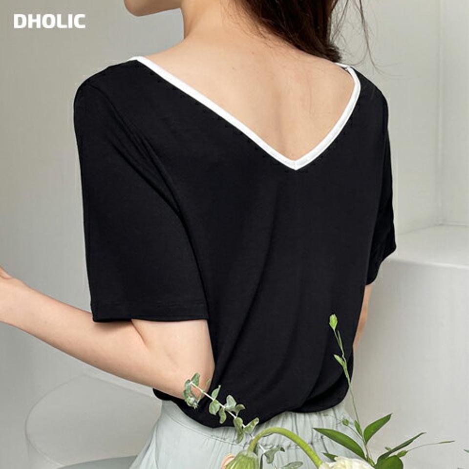 【10%OFF】2WAY配色ネックTシャツ・t72780 レディース 【tops】トップス Tシャツ 半袖 柄 模様 配色 ライン 前後着用 鎖骨 デコルテ Vネック Uネック ドロップショルダー 肌見せ 春 夏 カジュアル フェミニン 黒 ブラック 韓国ファッション ハイホリHIHOLLI セール SALE