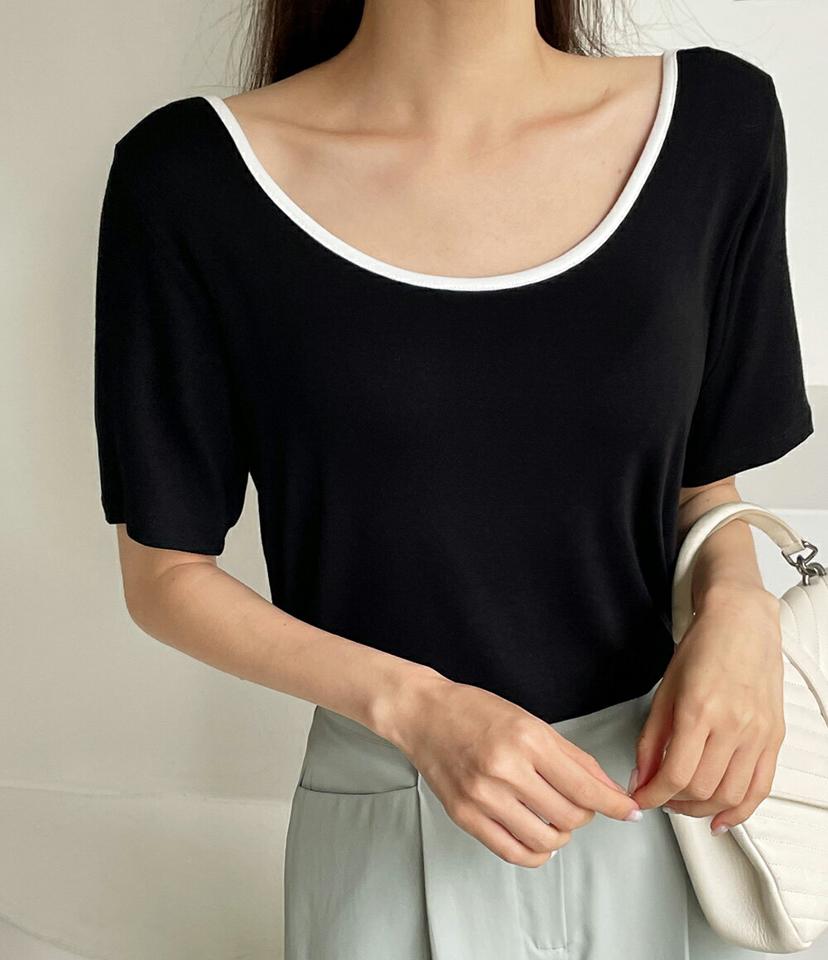 【10%OFF】2WAY配色ネックTシャツ・t72780 レディース 【tops】トップス Tシャツ 半袖 柄 模様 配色 ライン 前後着用 鎖骨 デコルテ Vネック Uネック ドロップショルダー 肌見せ 春 夏 カジュアル フェミニン 黒 ブラック 韓国ファッション ハイホリHIHOLLI セール SALE