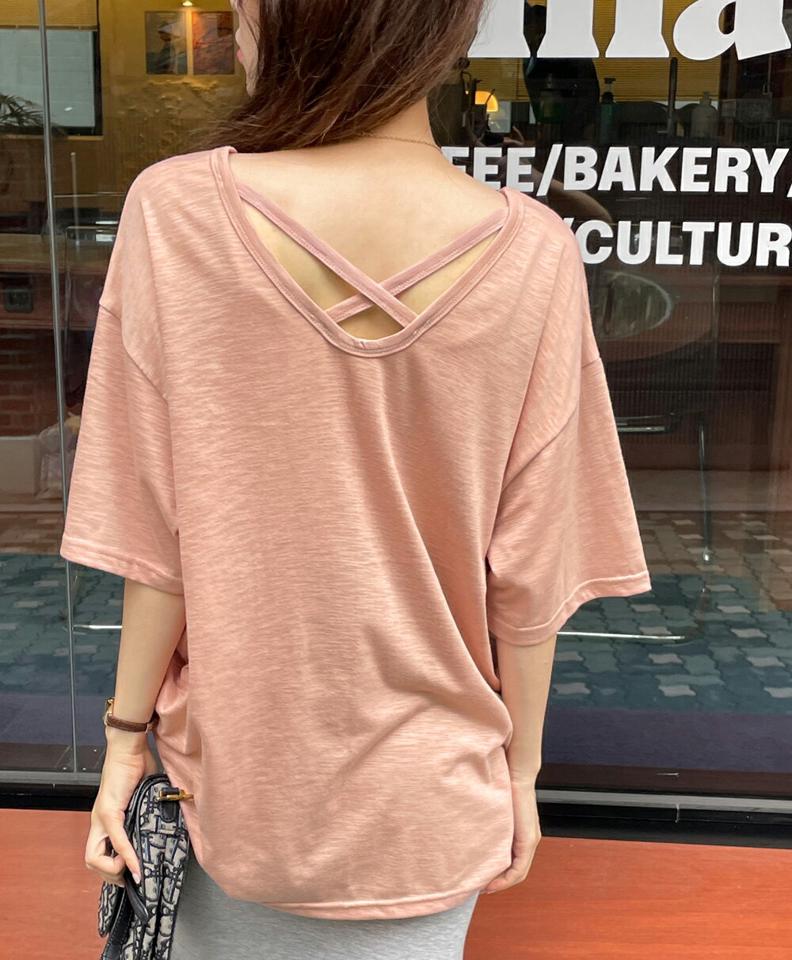【10%OFF】バッククロスストラップTシャツ・t72781 レディース 【tops】トップス Tシャツ バックシャン 背中見せ 単色 無地 シンプル ベーシック 半袖 ゆったり 楽ちん 体型カバー ルーズ 春 夏 ロング丈 スポーツ 運動 韓国ファッション ハイホリHIHOLLI セール SALE