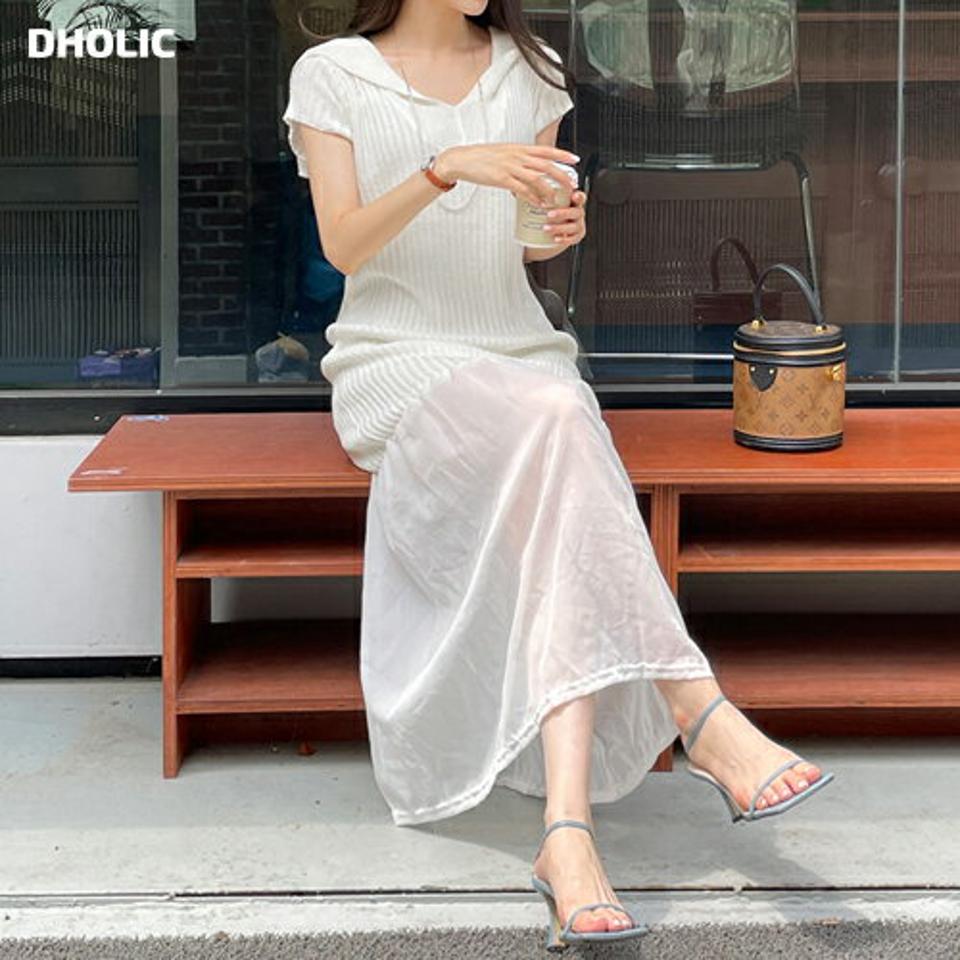 【10%OFF】シフォンヘムカラーニットワンピース・t72820 レディース 【ops】ワンピース ロング丈 半袖 異素材 柄 模様 サマーニット シフォン 透け感 シアー シースルー Vネック 鎖骨 デコルテ リブ 春 夏 フェミニン 白 韓国ファッション ハイホリHIHOLLI セール SALE