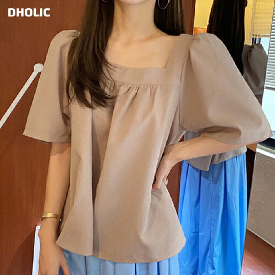 【10%OFF】ストラップスクエアネックブラウス・t72784 レディース 【bl】ブラウス トップス 半袖 単色 無地 シンプル ベーシック スクエアネック 鎖骨 デコルテ パフ袖 パフスリーブ 二の腕カバー 春 夏 ベージュ 韓国ファッション ハイホリHIHOLLI セール SALE