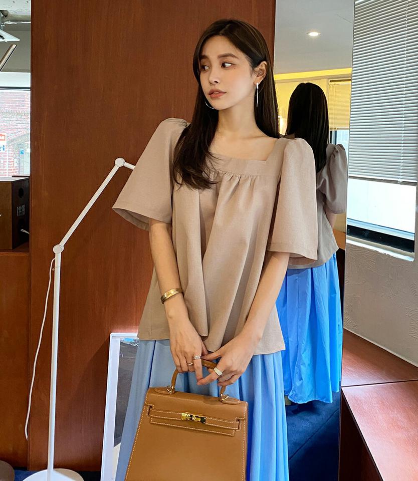 【10%OFF】ストラップスクエアネックブラウス・t72784 レディース 【bl】ブラウス トップス 半袖 単色 無地 シンプル ベーシック スクエアネック 鎖骨 デコルテ パフ袖 パフスリーブ 二の腕カバー 春 夏 ベージュ 韓国ファッション ハイホリHIHOLLI セール SALE