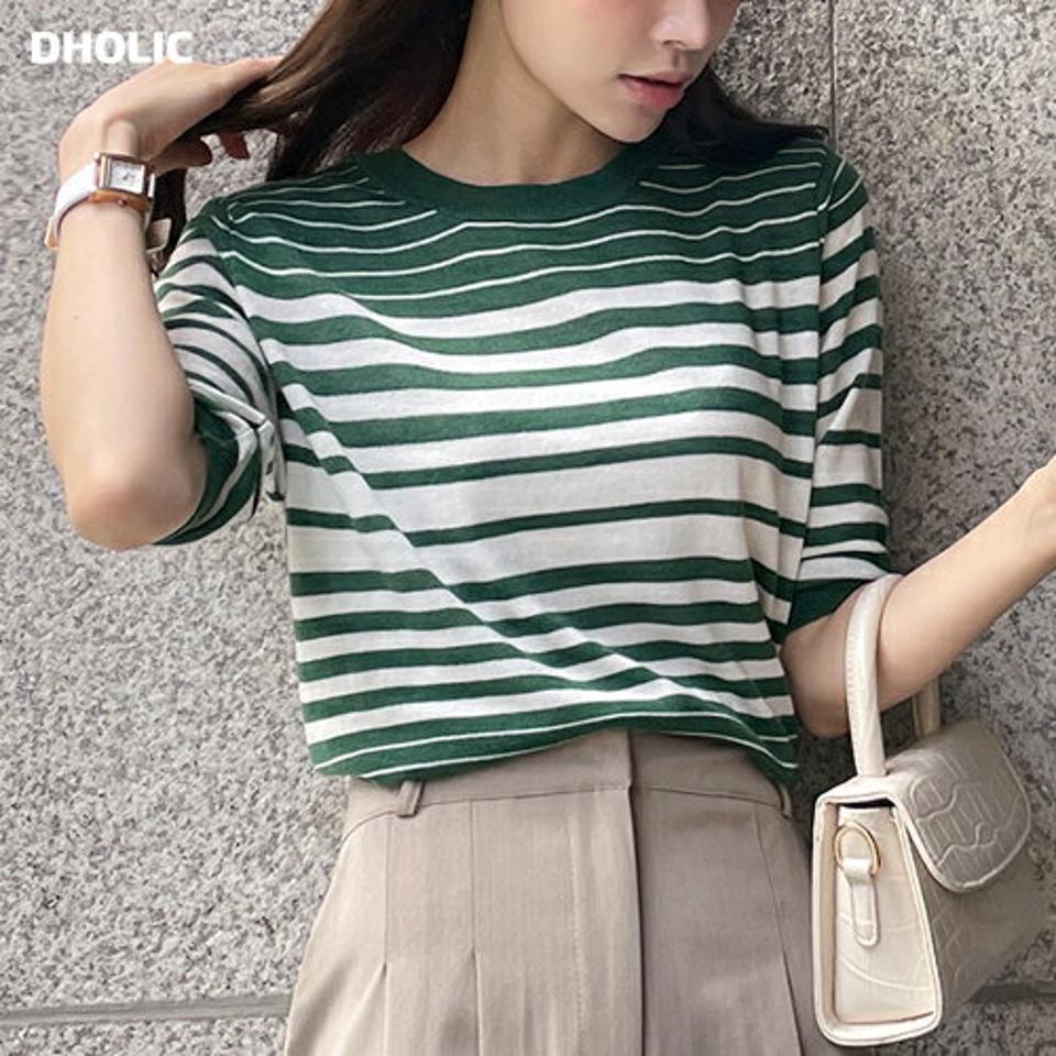 【10%OFF】マルチボーダーニット・b72819 レディース 【tops】トップス ニット サマーニット 半袖 柄 模様 ボーダー ラウンドネック 春 夏 緑 グリーン カジュアル 大人 フェミニン 楽ちん かわいい 可愛い マルチボーダー 韓国ファッション ハイホリHIHOLLI セール SALE