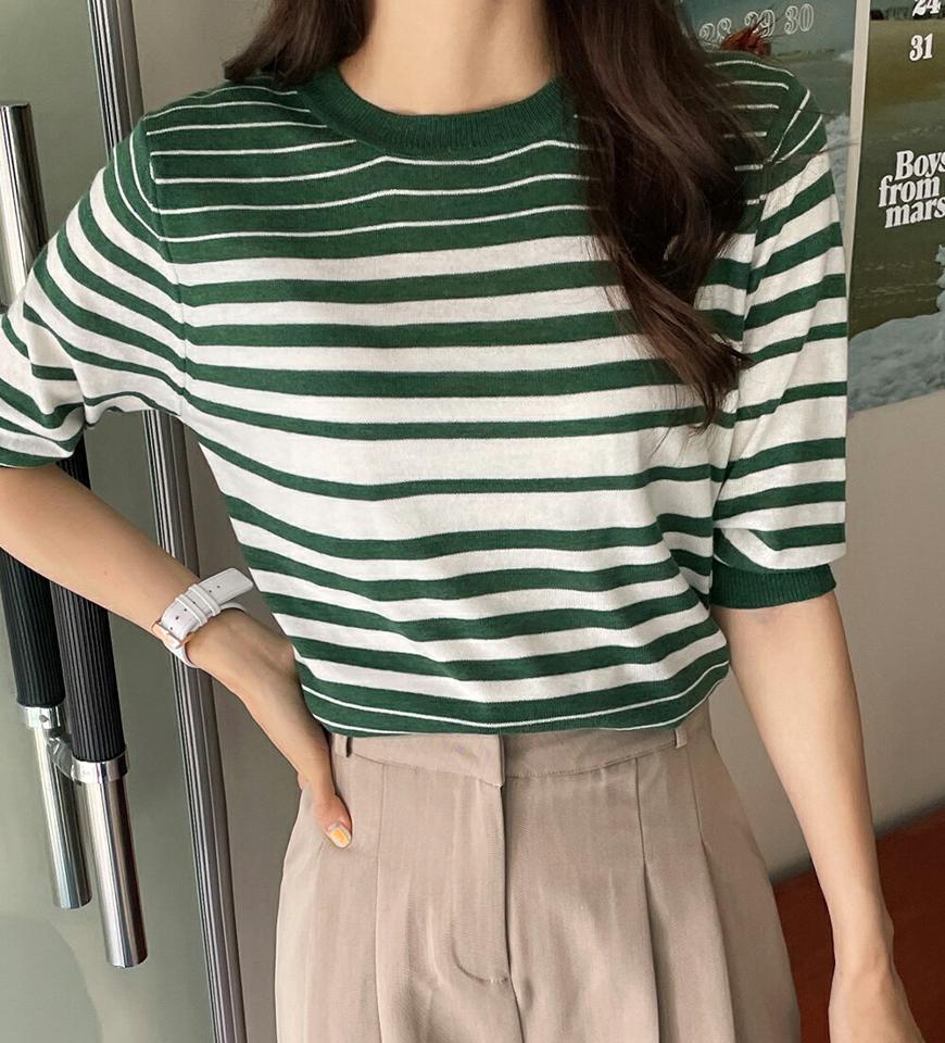 【10%OFF】マルチボーダーニット・b72819 レディース 【tops】トップス ニット サマーニット 半袖 柄 模様 ボーダー ラウンドネック 春 夏 緑 グリーン カジュアル 大人 フェミニン 楽ちん かわいい 可愛い マルチボーダー 韓国ファッション ハイホリHIHOLLI セール SALE