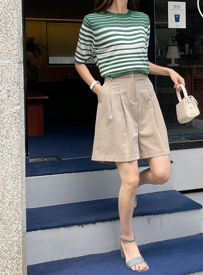 【10%OFF】マルチボーダーニット・b72819 レディース 【tops】トップス ニット サマーニット 半袖 柄 模様 ボーダー ラウンドネック 春 夏 緑 グリーン カジュアル 大人 フェミニン 楽ちん かわいい 可愛い マルチボーダー 韓国ファッション ハイホリHIHOLLI セール SALE