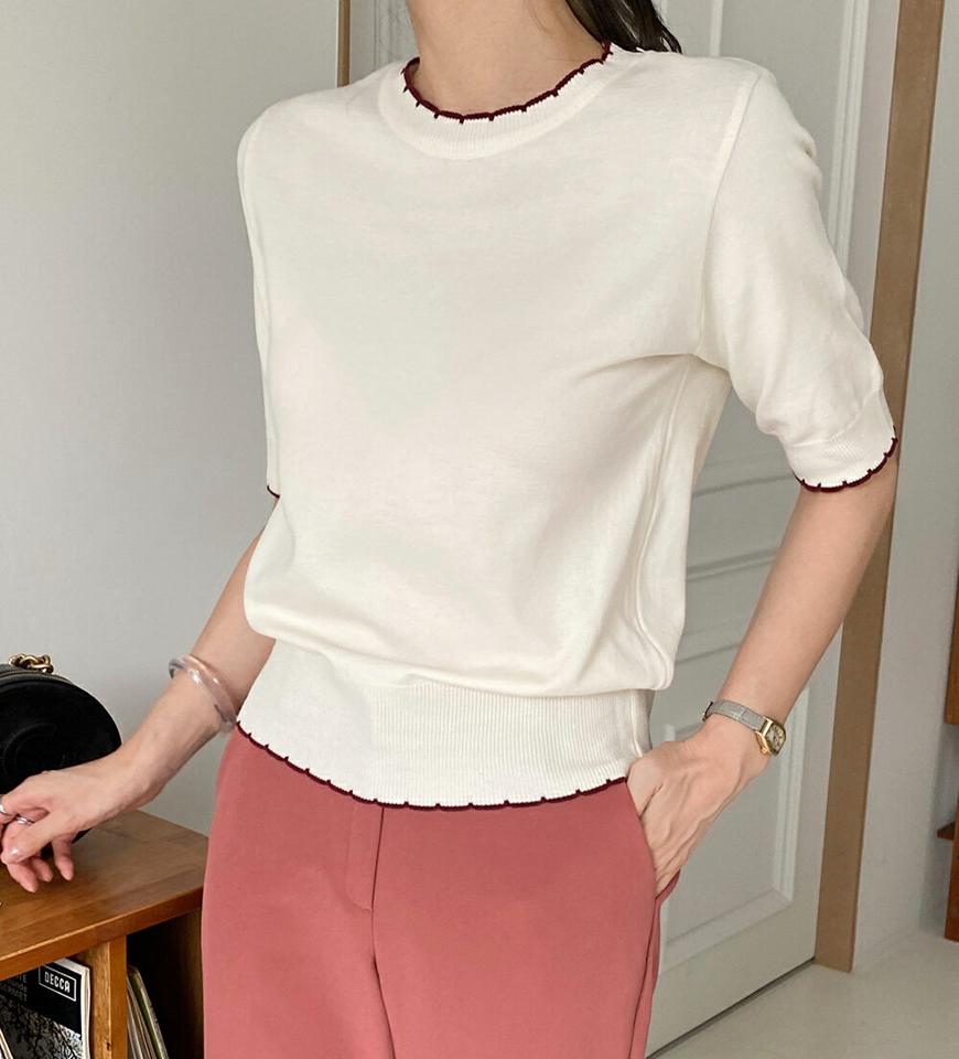 スカラップ配色ニット・b72790 レディース 【tops】ニット 半袖 柄 配色 ライン 半袖 ニット スカラップ ベーシック ラウンドネック リブ 春 夏 サマーニット かわいい フェミニン カジュアル 白 黒 モノトーン 韓国ファッション ハイホリHIHOLLI