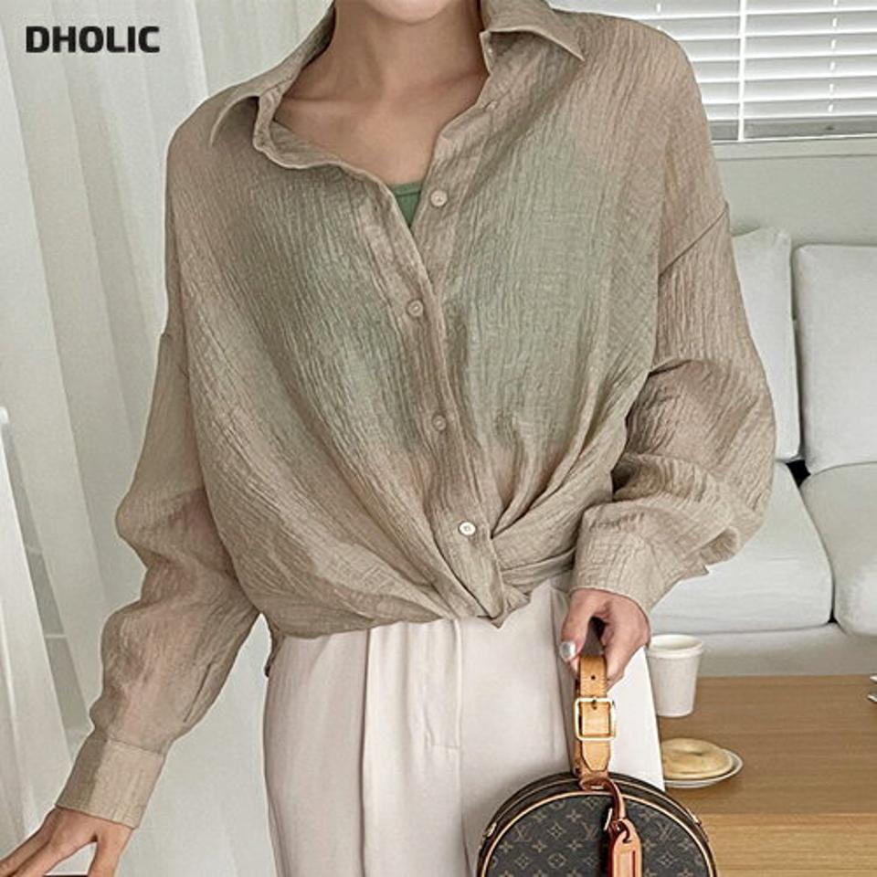 シースルーツイストシャツ・t72786 レディース 【bl】シャツ 長袖 単色 無地 シンプル ベーシック 透け感 シースルー シアー ツイスト ユニーク ぼたん ボタン 襟 春 夏 カジュアル 大人 ルーズ リンクル ベージュ 韓国ファッション ハイホリHIHOLLI