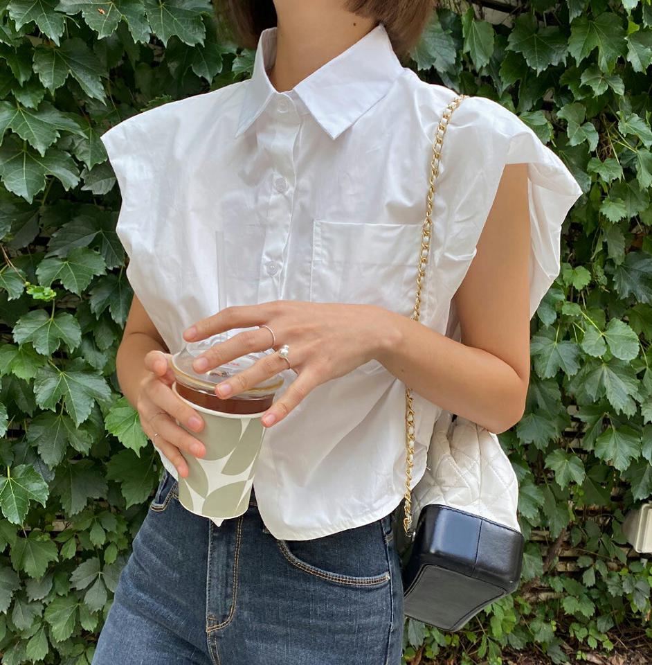 ポケットフレンチスリーブシャツ・b01086 レディース 【bl】トップス シャツ フレンチスリーブ ショートスリーブ バルーンスリーブ カバー 襟 大人 ガーリー かわいい 可愛い フェミニン 白シャツ ホワイト 夏 韓国ファッション